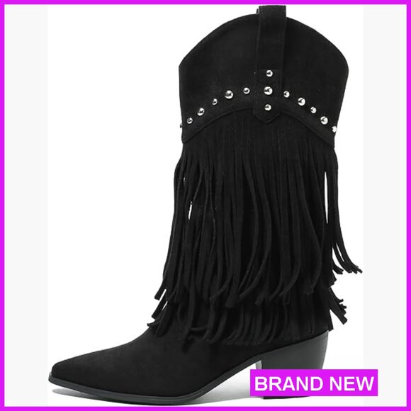 Western Fringe Boots Mid-Calf Cowgirl Studded Detail Stacked Heel Tassel Design